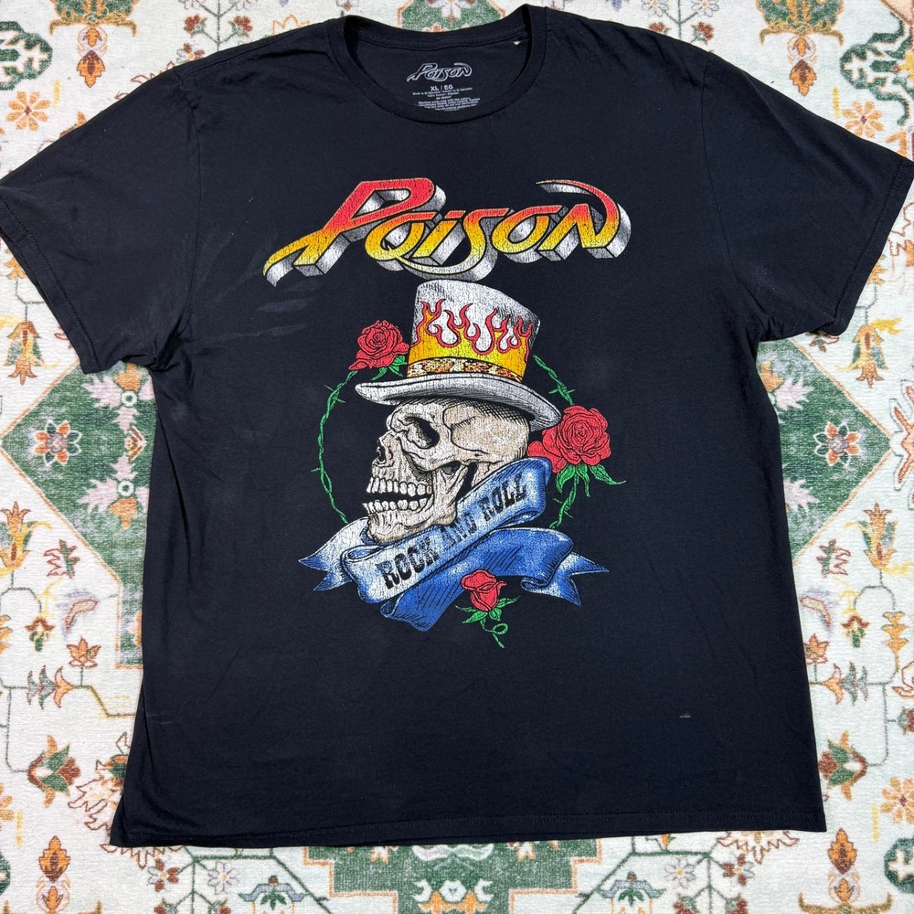 Poison‎ Rock and Roll Band T-Shirt Skull Roses Graphic XL Black